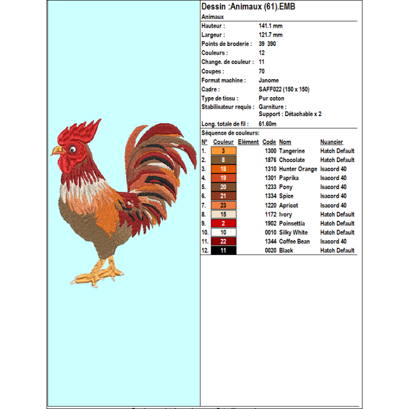 Fichier broderie machine, motif animaux de la ferme, motif coq gaulois, motif animaux de la basse-cour