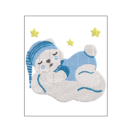 Fichier de broderie machine , motif ourson dormant sur son nuage.
