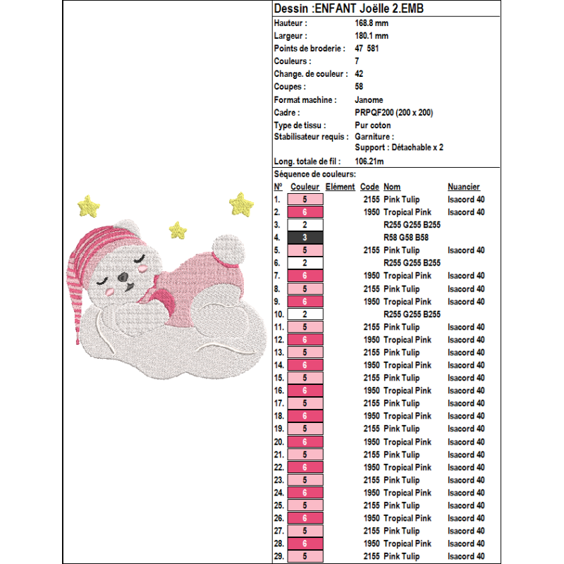 Fichier broderie machine, motif ourson dormant sur son nuage.