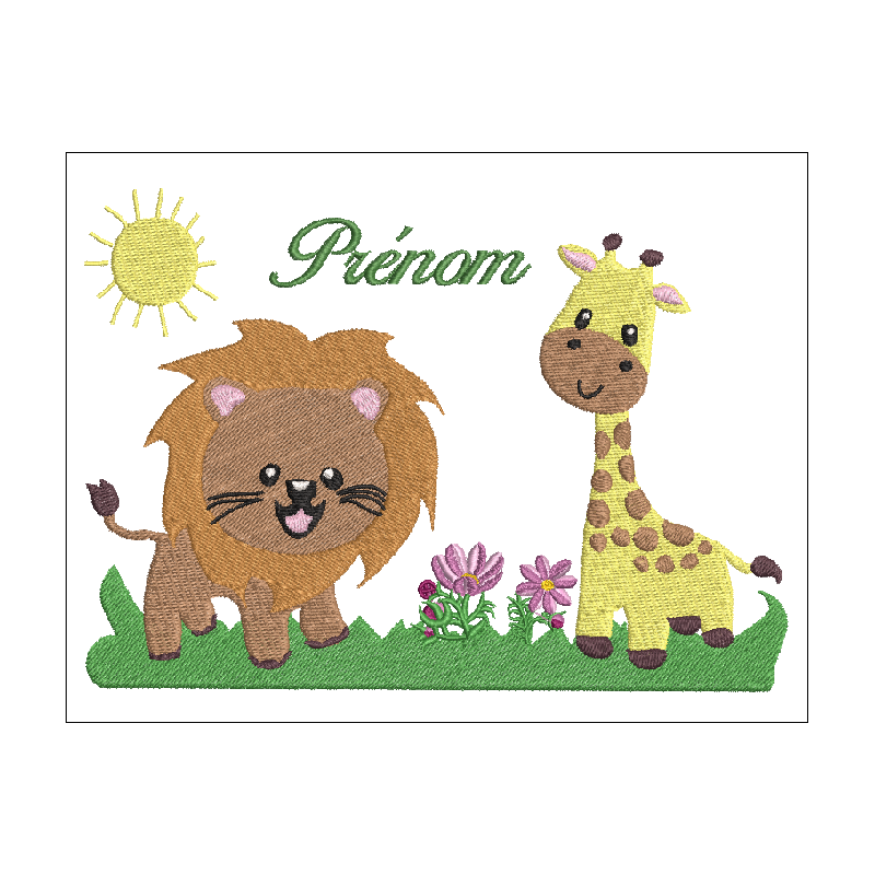 Fichier broderie machine, format pes, cadre 100x100mm - motif thème de la jungle - Déco chambre bébé