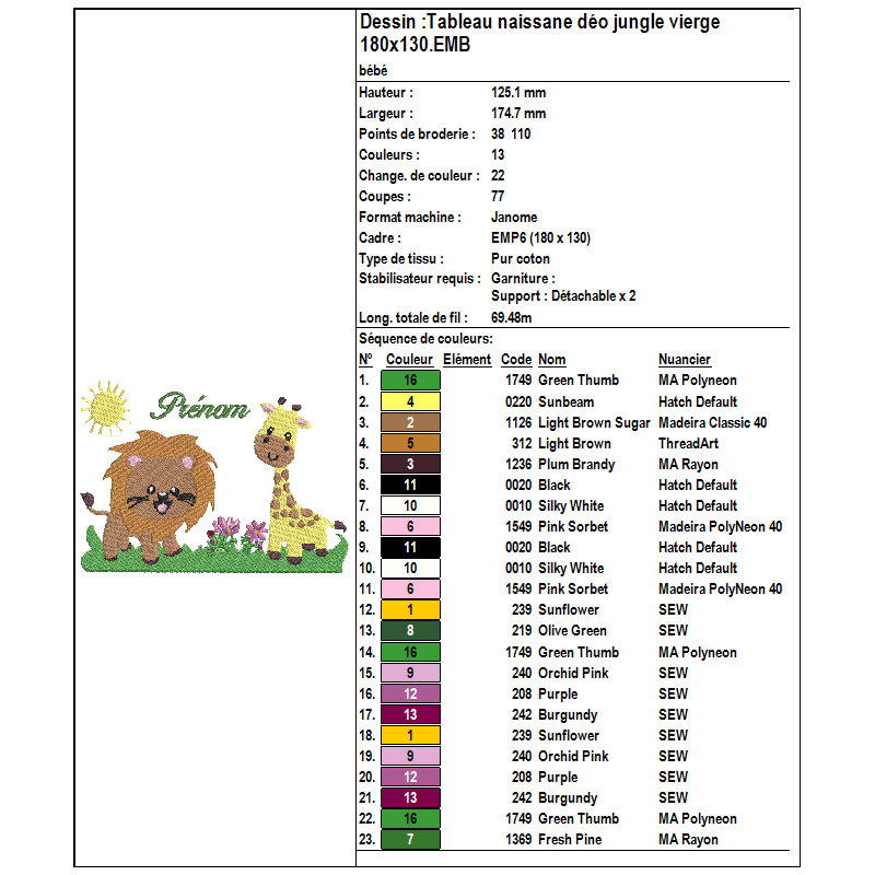 Fichier broderie machine, format pes, cadre 100x100mm - motif thème de la jungle - Déco chambre bébé