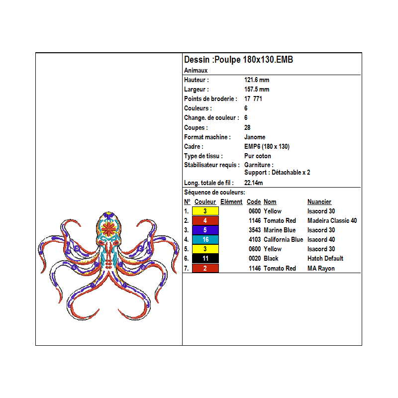 Fichier broderie machine, motif broderie machine , matif d'un poulpe ou pieuvre