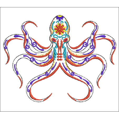 Fichier broderie machine, motif Poulpe ou pieuvre multicolores, Symbole de la transformation, la résilience et l'adaptabilité