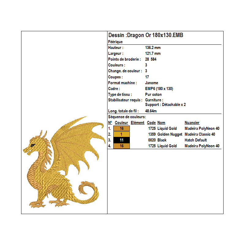 Fichier broderie machine, motif dragon doré, Symbole de richesse et prospérité,