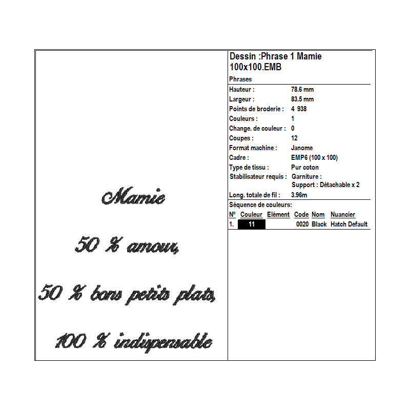 Fichier broderie machine, fichier broderie motif phrase humour, fichier broderie motif Mamie