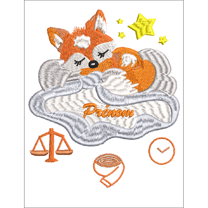 Fichier broderie machine,  Tableau naissance, renard endormi sur son nuage