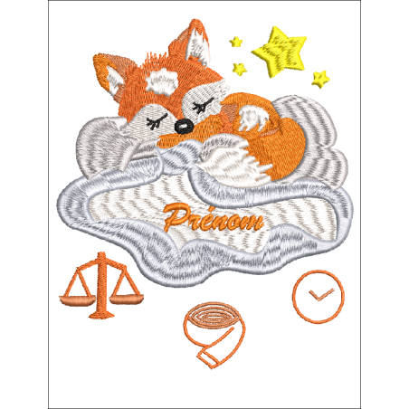 Fichier broderie machine,  Tableau naissance, renard endormi sur son nuage