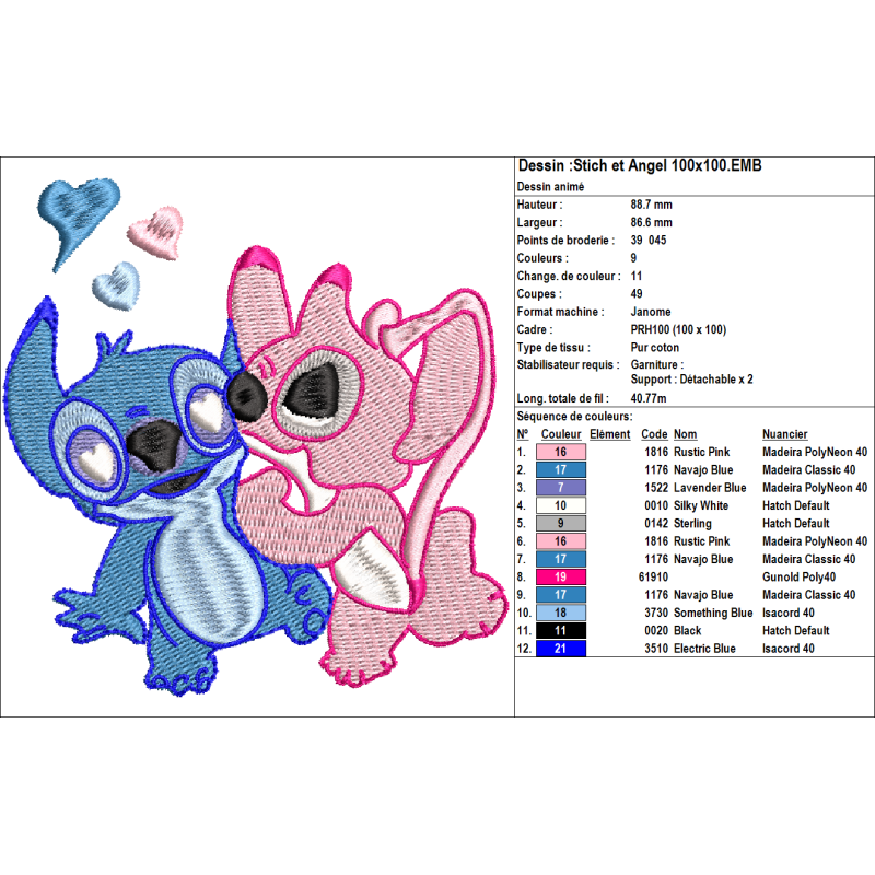 Fichier broderie machine - motif  "Stitch & Angel amoureux"