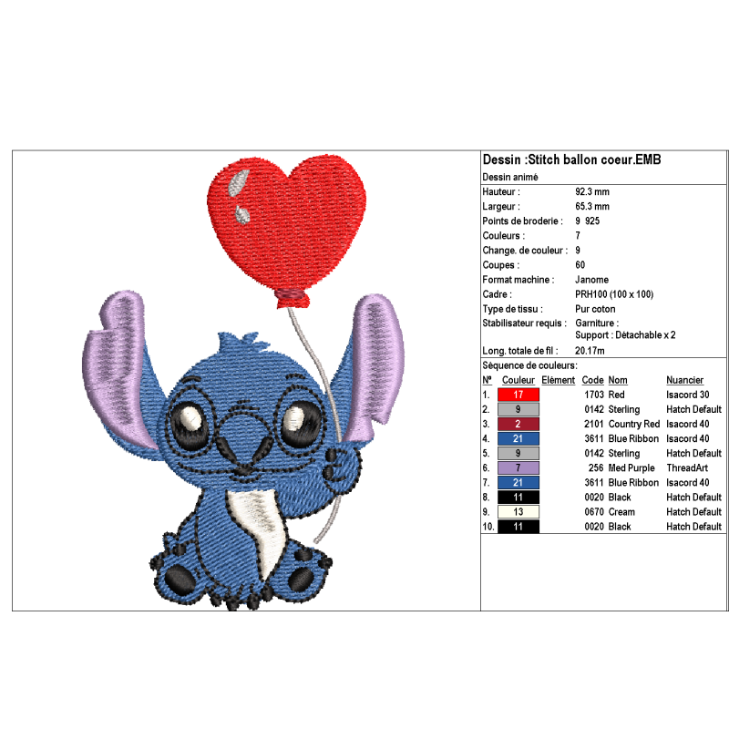 Fichier broderie machine - motif  "Stitch ballon coeur"